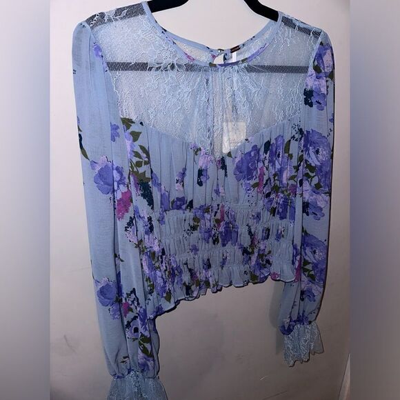Free People | Daphne Blouse in Silver Blue Long Sleeve Lace Yoke & Cuff Size L - Picture 5 of 10